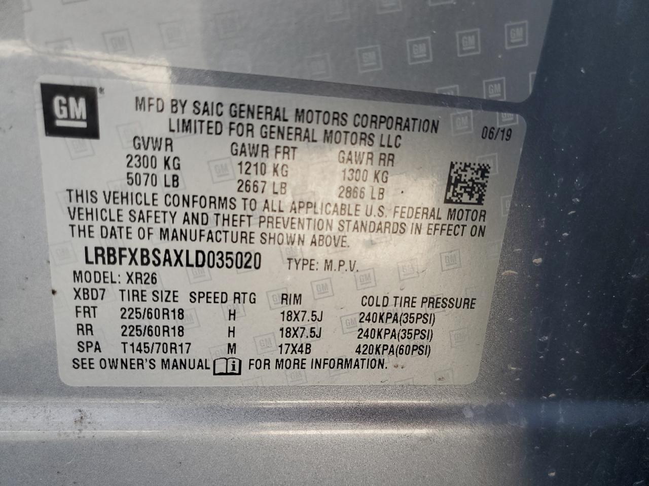 2020 Buick Envision Preferred VIN: LRBFXBSAXLD035020 Lot: 83845165