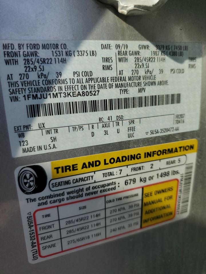 2019 Ford Expedition Platinum VIN: 1FMJU1MT3KEA80527 Lot: 72017255