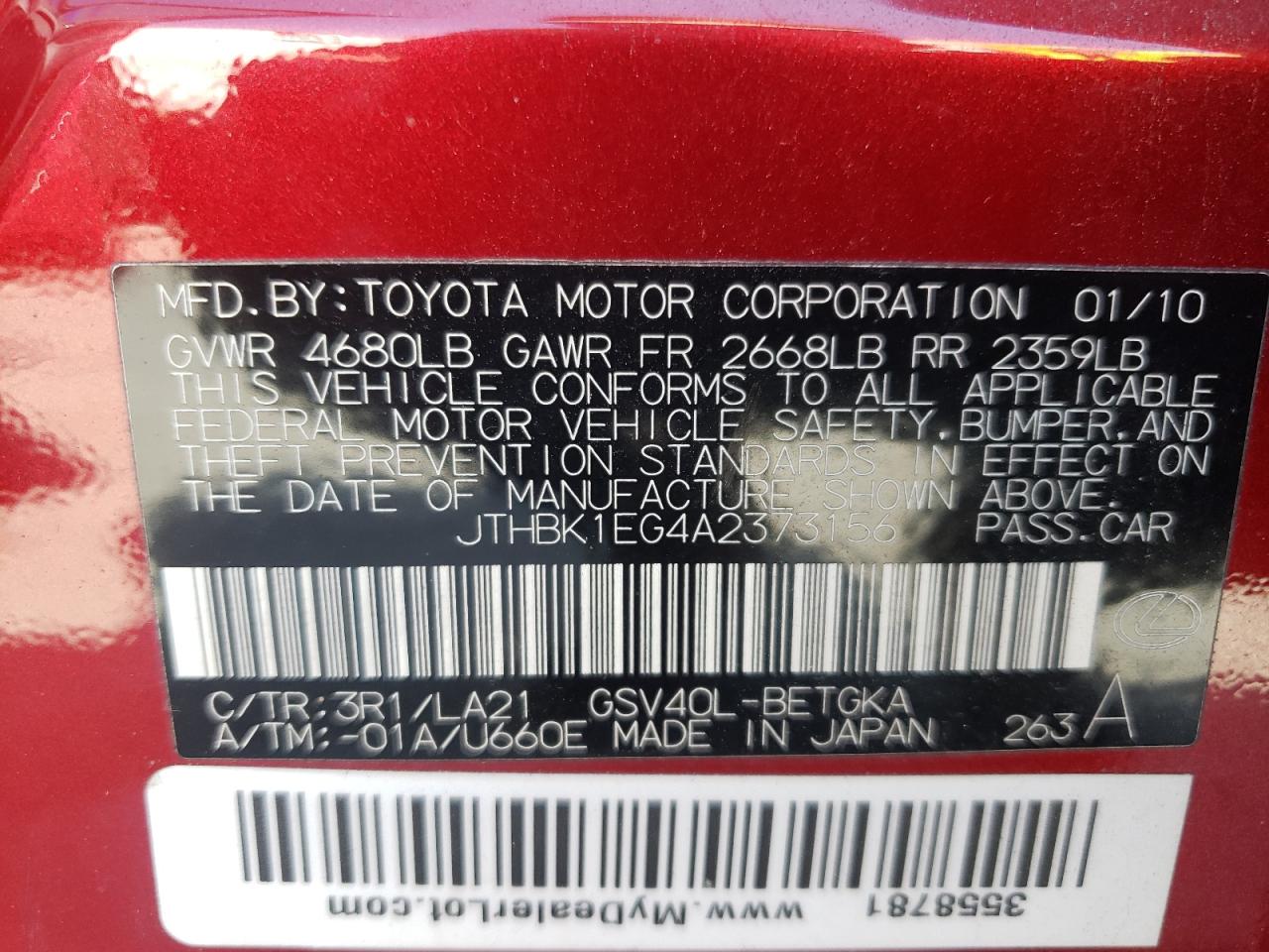 2010 Lexus Es 350 VIN: JTHBK1EG4A2373156 Lot: 81768675