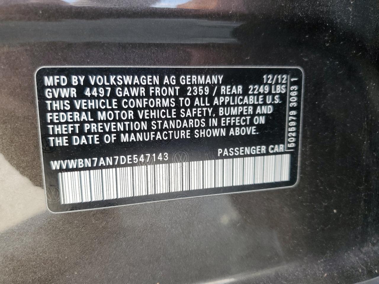 2013 Volkswagen Cc Sport VIN: WVWBN7AN7DE547143 Lot: 81471465