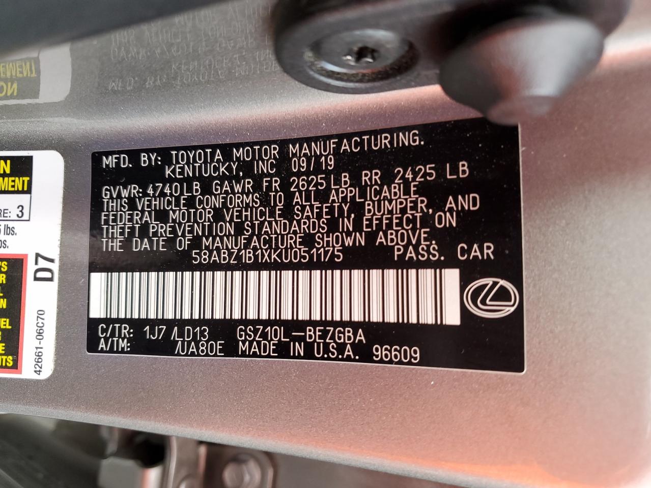 2019 Lexus Es 350 VIN: 58ABZ1B1XKU051175 Lot: 81266785