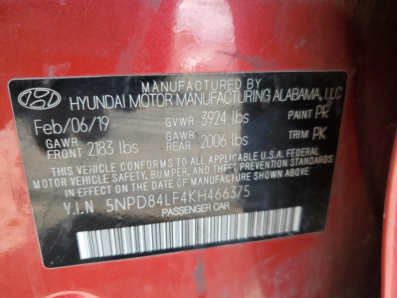 2019 Hyundai Elantra Sel VIN: 5NPD84LF4KH466375 Lot: 80130915