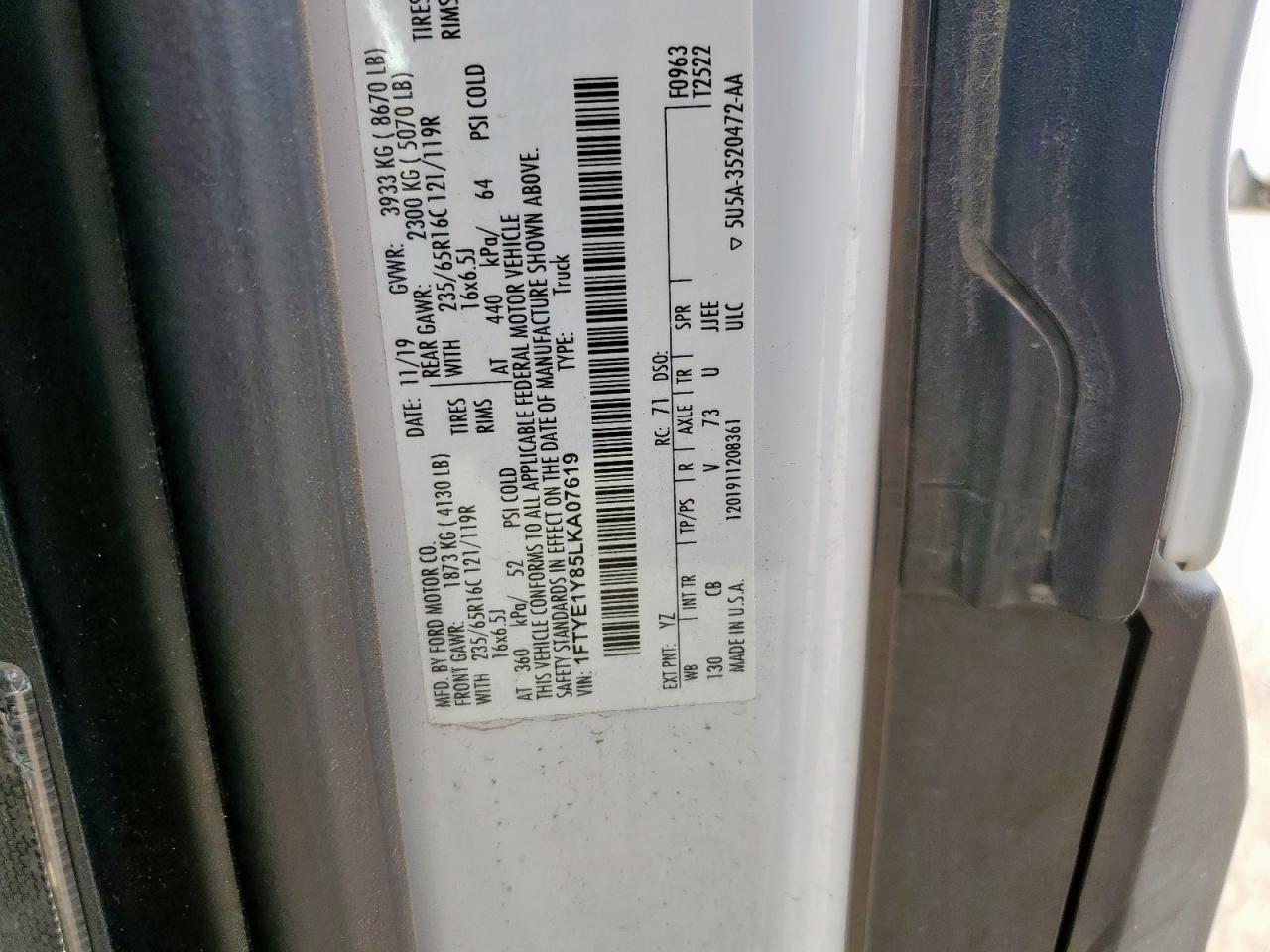 2020 Ford Transit T-150 VIN: 1FTYE1Y85LKA07619 Lot: 81018385