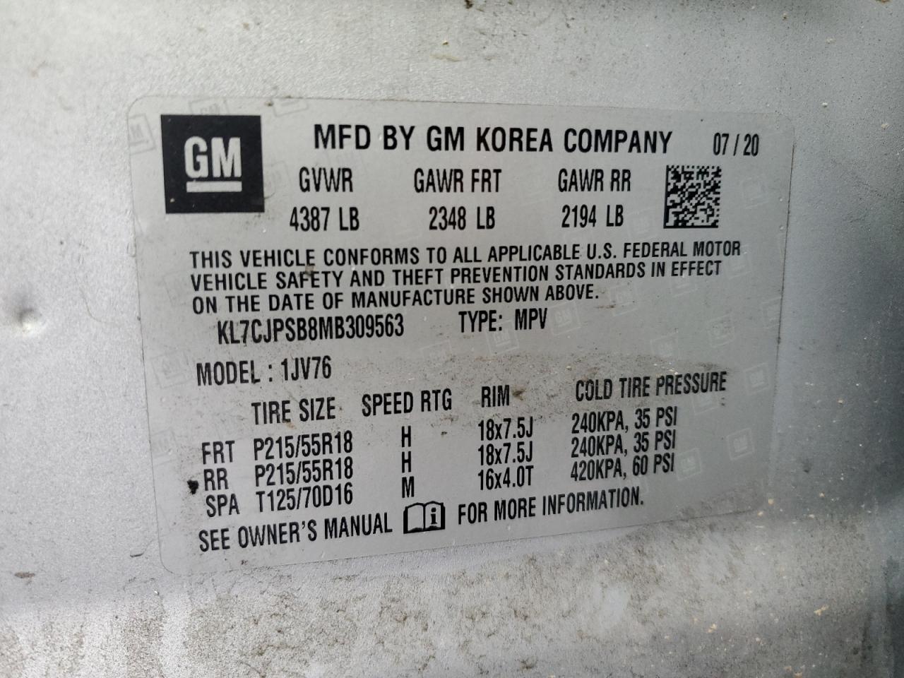 2021 Chevrolet Trax 1Lt VIN: KL7CJPSB8MB309563 Lot: 81712825