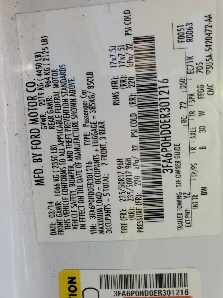 2014 Ford Fusion Se VIN: 3FA6P0HD0ER301216 Lot: 84475195