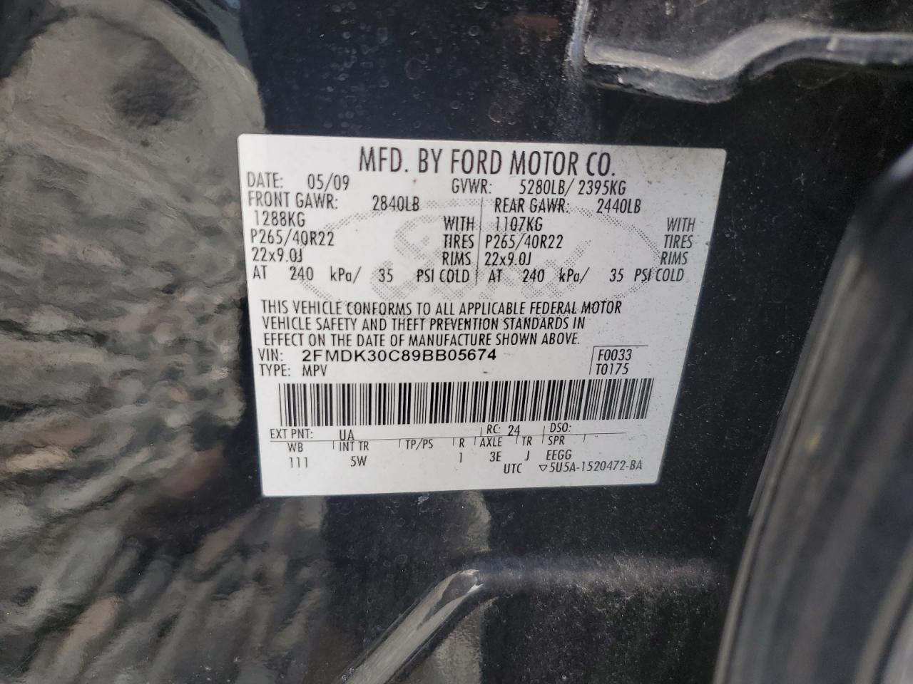 2009 Ford Edge Sport VIN: 2FMDK30C89BB05674 Lot: 83788695