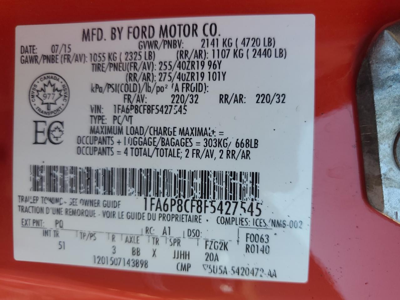 2015 Ford Mustang Gt VIN: 1FA6P8CF8F5427545 Lot: 83837725