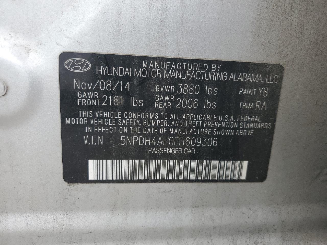 2015 Hyundai Elantra Se VIN: 5NPDH4AE0FH609306 Lot: 81702625