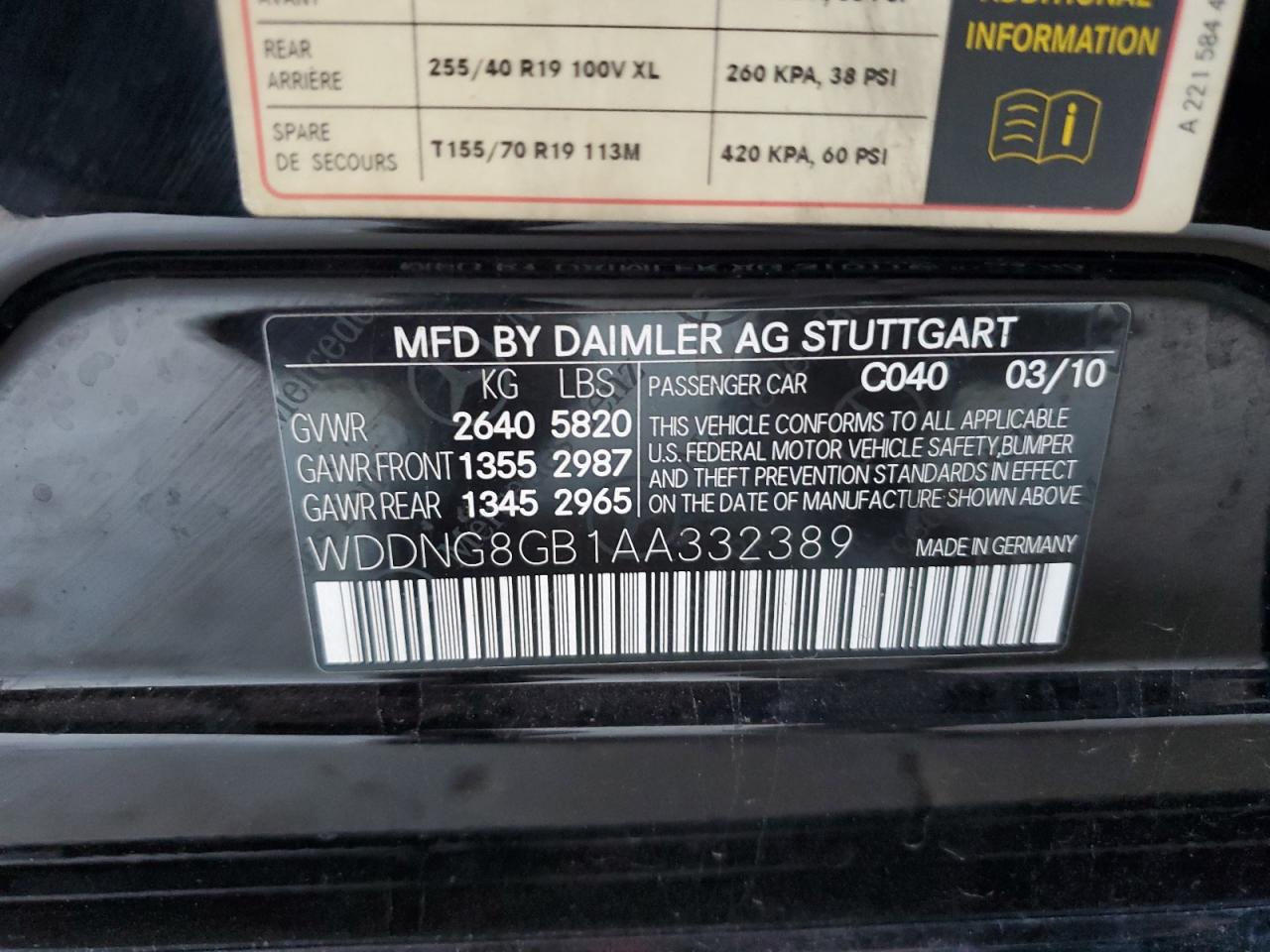 2010 Mercedes-Benz S 550 4Matic VIN: WDDNG8GB1AA332389 Lot: 82068865