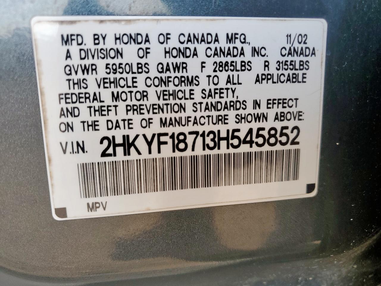 2003 Honda Pilot Exl VIN: 2HKYF18713H545852 Lot: 84614205