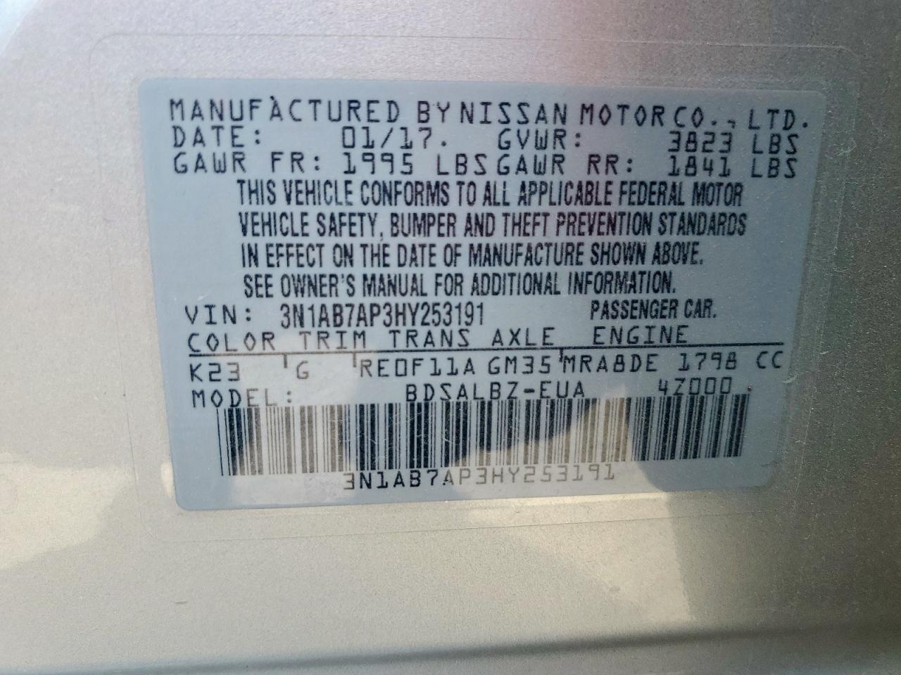 2017 Nissan Sentra S VIN: 3N1AB7AP3HY253191 Lot: 80174075