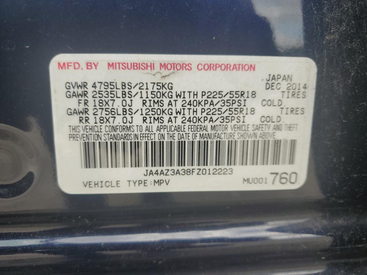 2015 Mitsubishi Outlander Se VIN: JA4AZ3A38FZ012223 Lot: 83800695