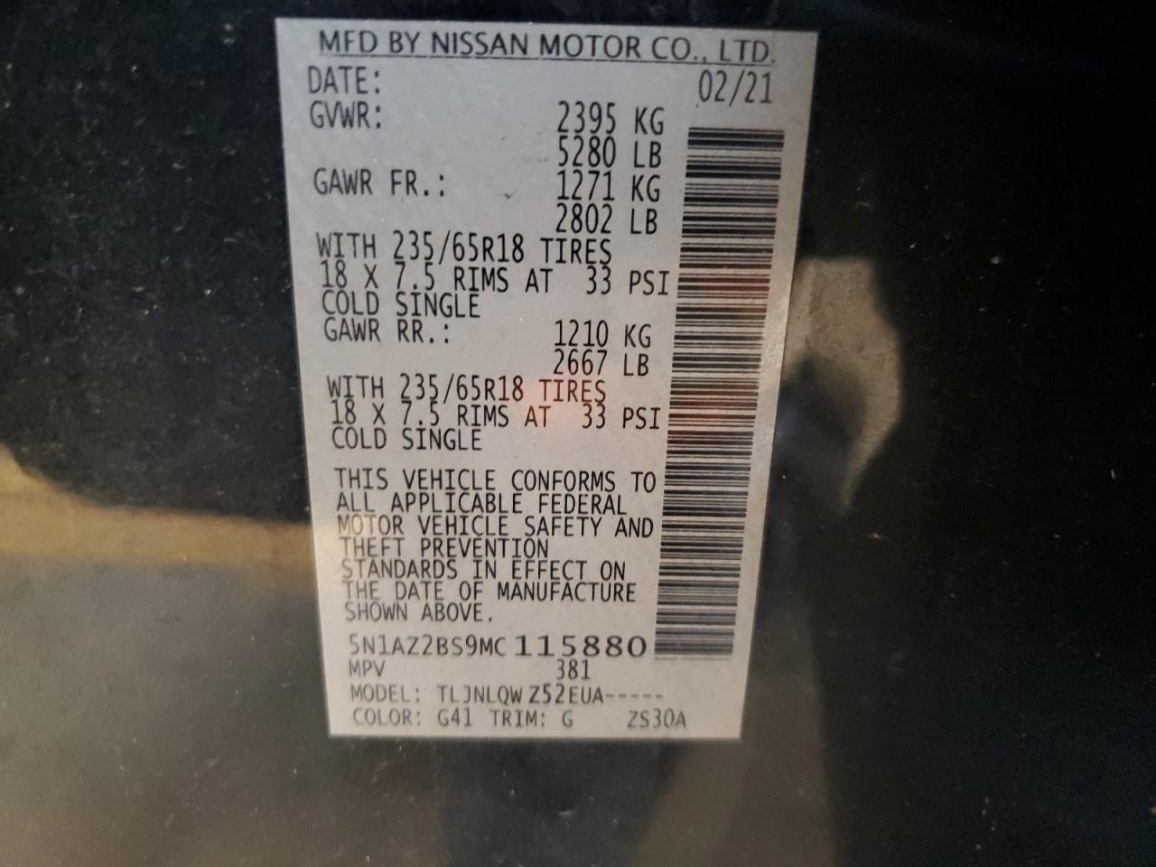 2021 Nissan Murano Sv VIN: 5N1AZ2BS9MC115880 Lot: 71827935