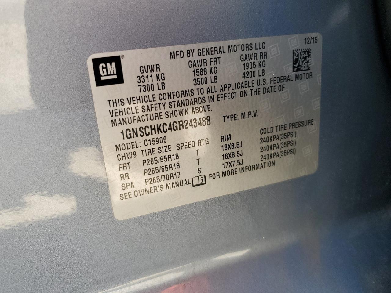 2016 Chevrolet Suburban C1500 Lt VIN: 1GNSCHKC4GR243488 Lot: 71547855