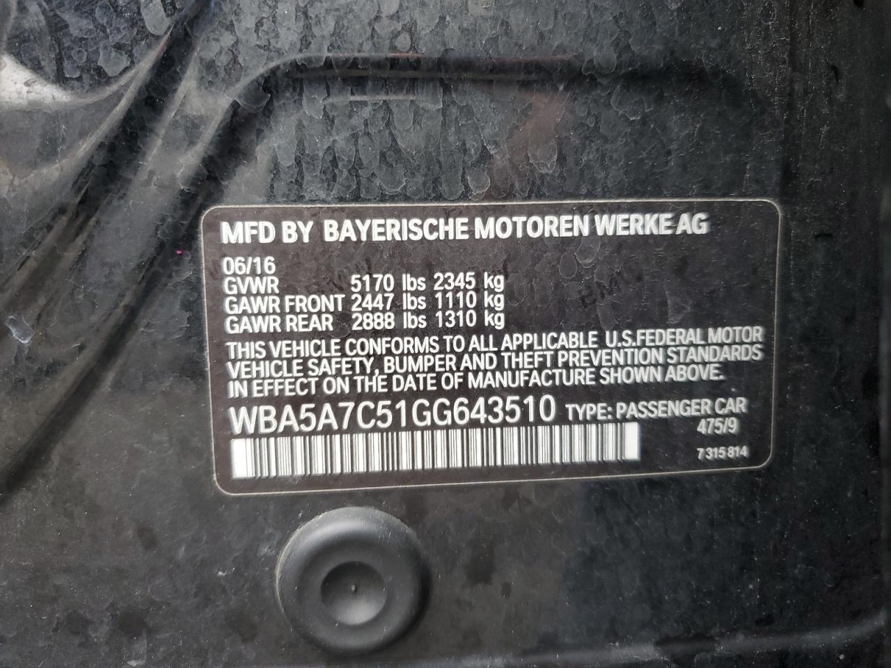 2016 BMW 528 Xi VIN: WBA5A7C51GG643510 Lot: 81688535