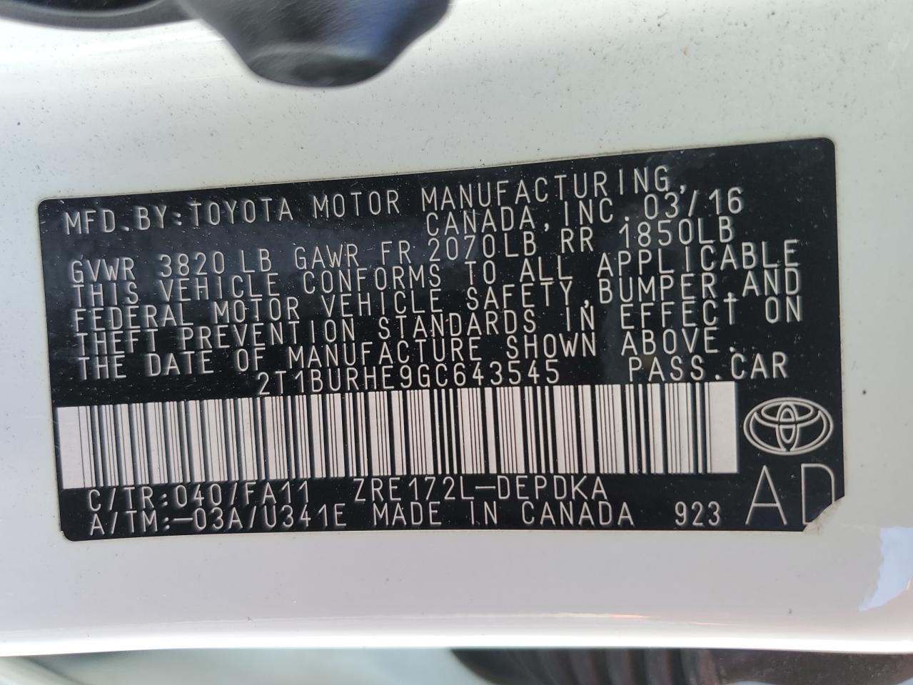 2016 Toyota Corolla L VIN: 2T1BURHE9GC643545 Lot: 71549375