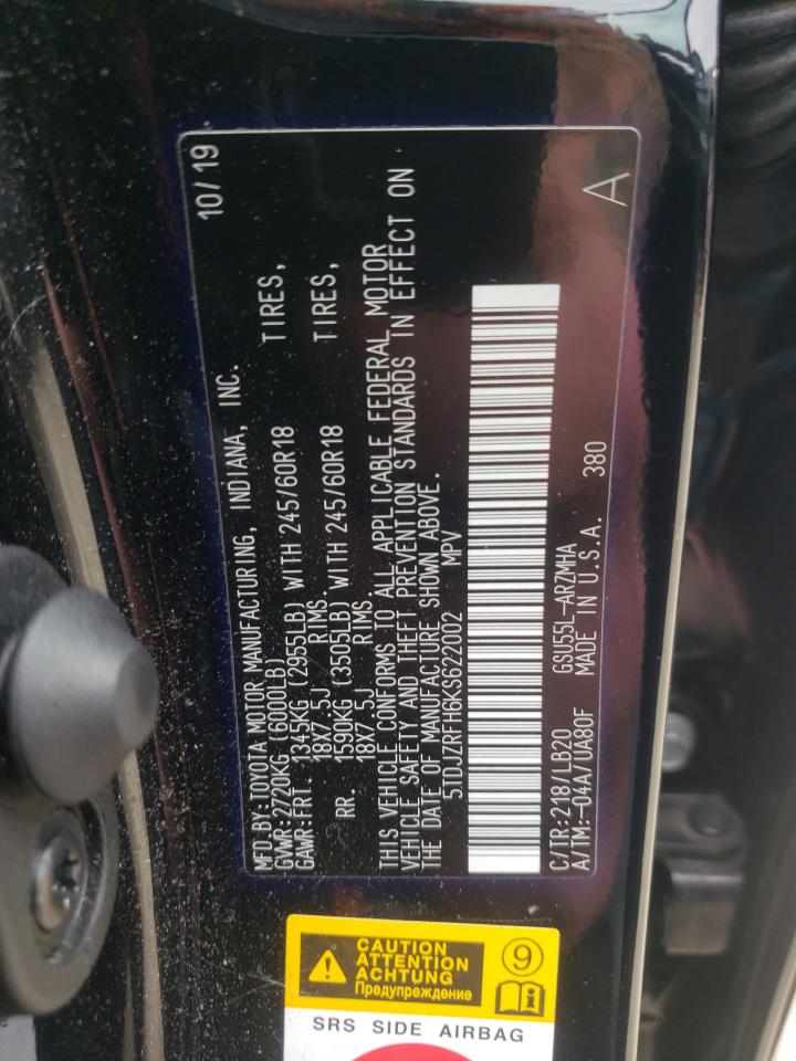 2019 Toyota Highlander Se VIN: 5TDJZRFH6KS622002 Lot: 82055315