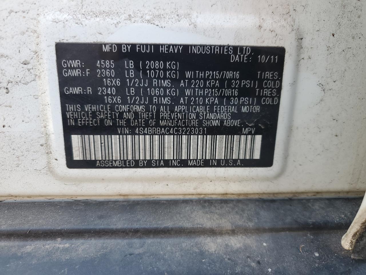 2012 Subaru Outback 2.5I VIN: 4S4BRBAC4C3223031 Lot: 81014275