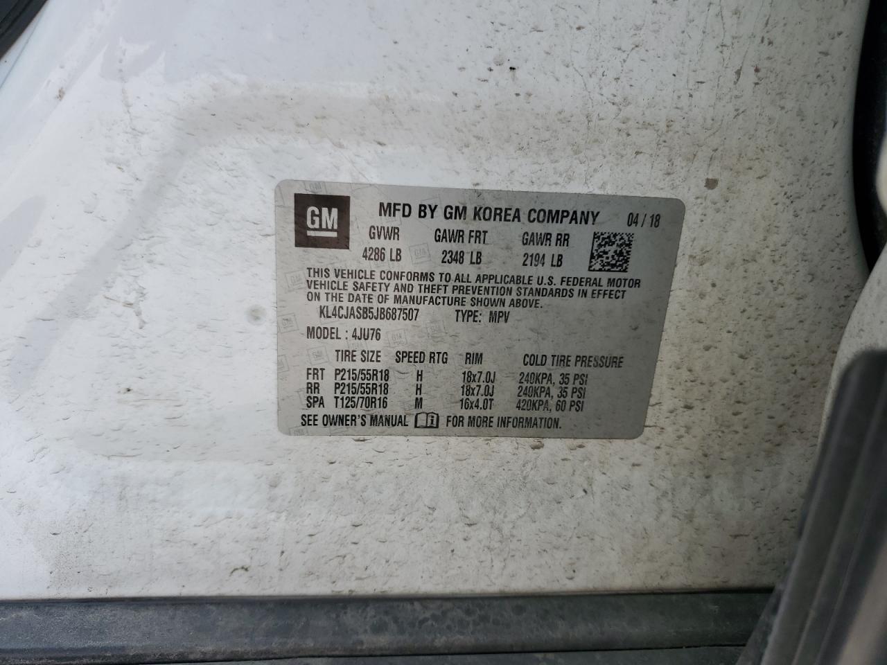 2018 Buick Encore Preferred VIN: KL4CJASB5JB687507 Lot: 81503975