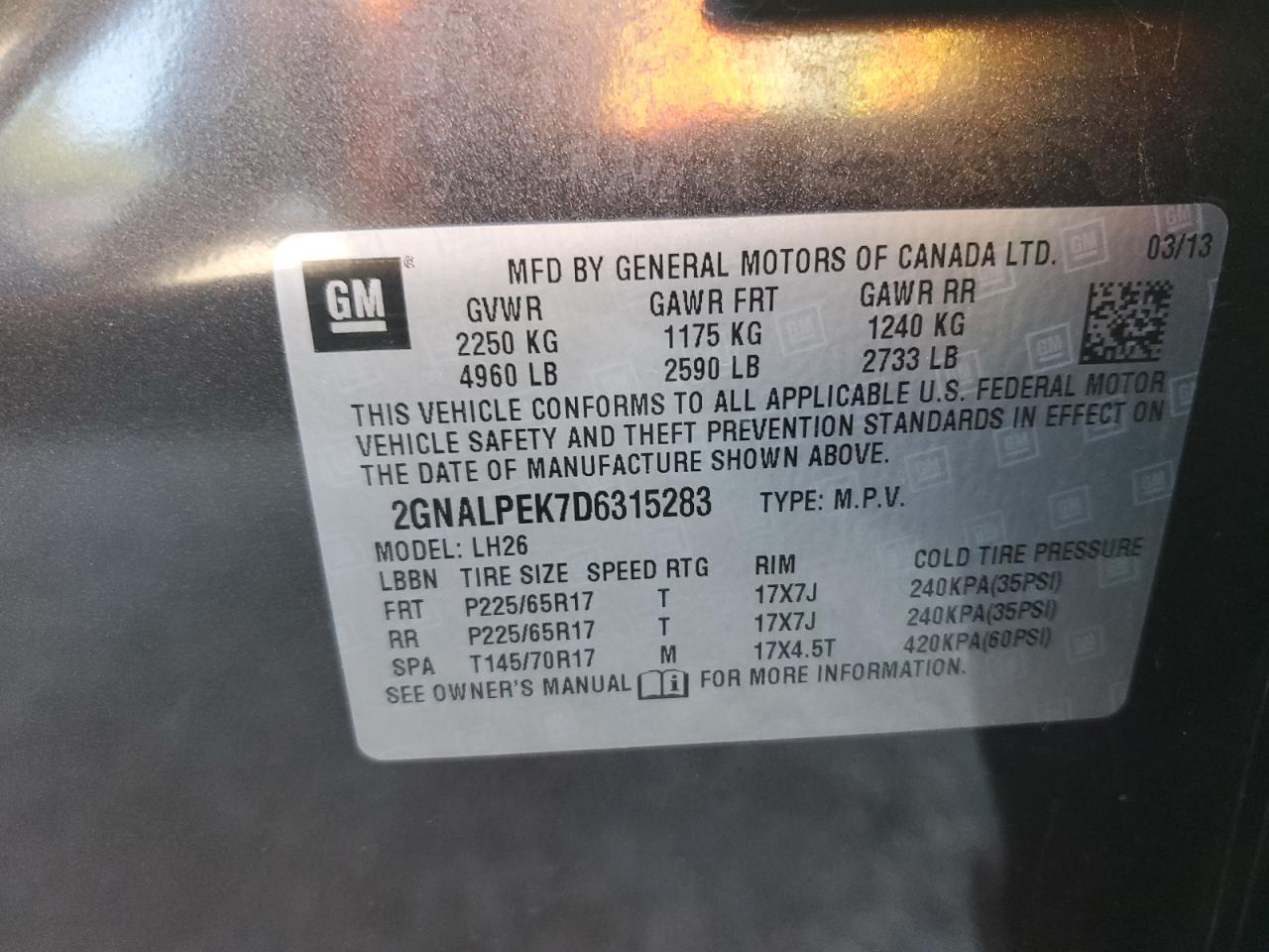 2013 Chevrolet Equinox Lt VIN: 2GNALPEK7D6315283 Lot: 71735175