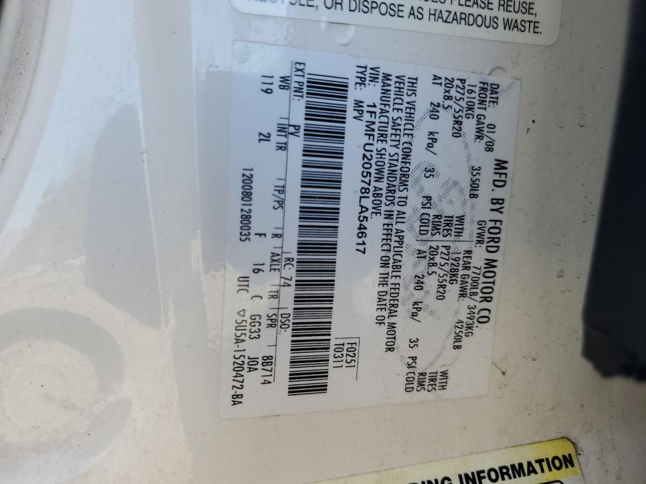 2008 Ford Expedition Limited VIN: 1FMFU20578LA54617 Lot: 81325225