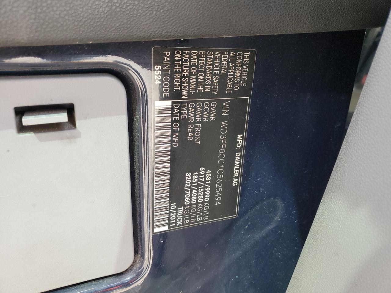 2012 Mercedes-Benz Sprinter 3500 VIN: WD3PF0CC1C5625494 Lot: 80826185