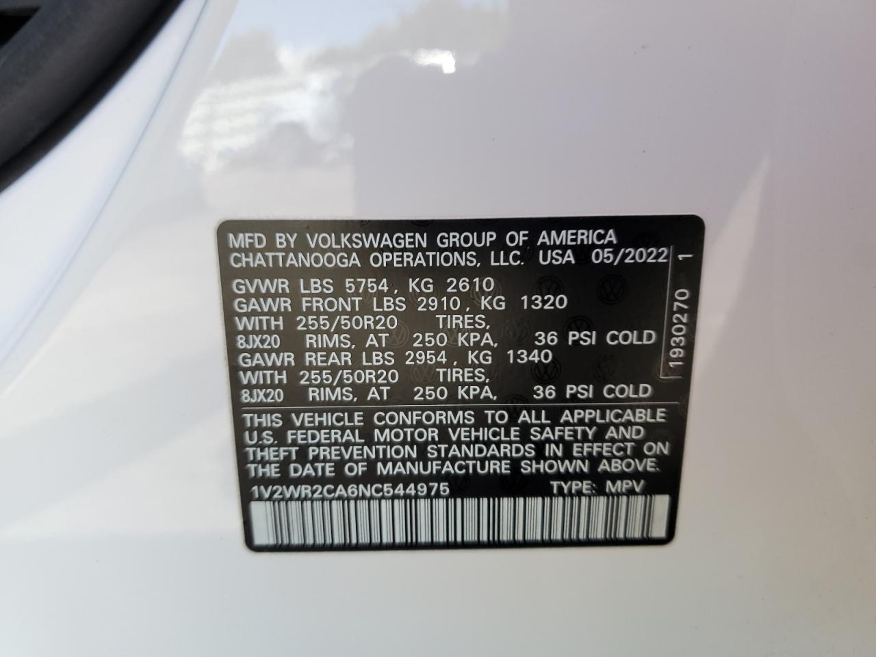 2022 Volkswagen Atlas Se VIN: 1V2WR2CA6NC544975 Lot: 84872365