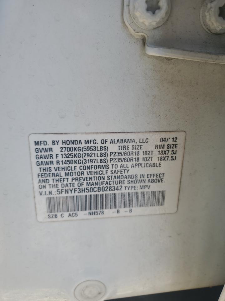 2012 Honda Pilot Exl VIN: 5FNYF3H50CB028342 Lot: 84578205