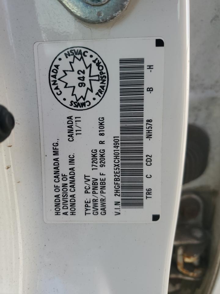 2012 Honda Civic Lx VIN: 2HGFB2E5XCH014901 Lot: 71654525