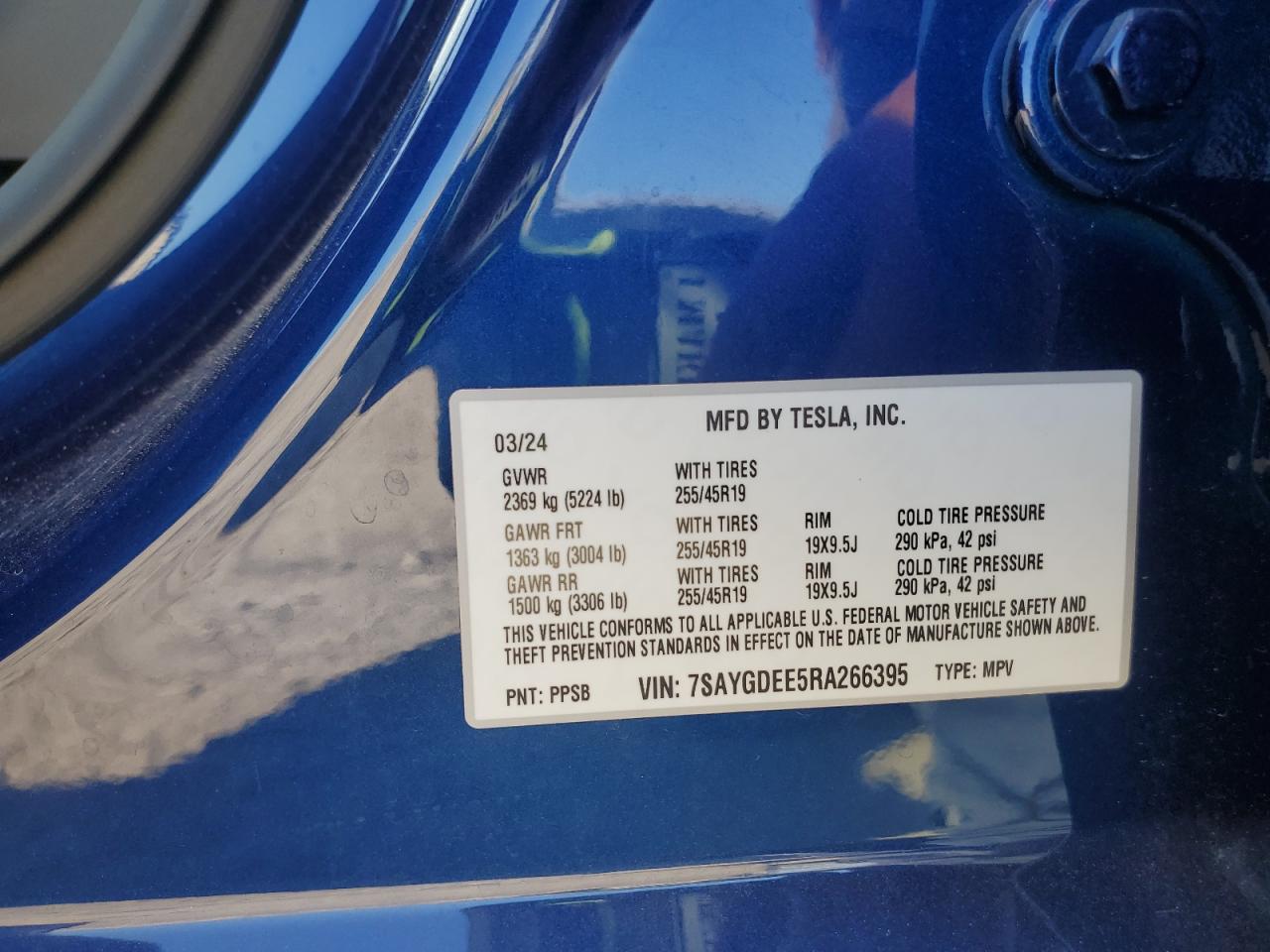 2024 Tesla Model Y VIN: 7SAYGDEE5RA266395 Lot: 84393875