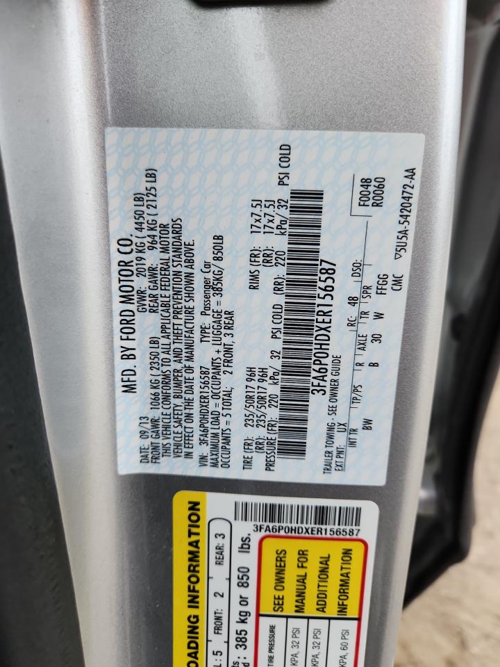 2014 Ford Fusion Se VIN: 3FA6P0HDXER156587 Lot: 82081305