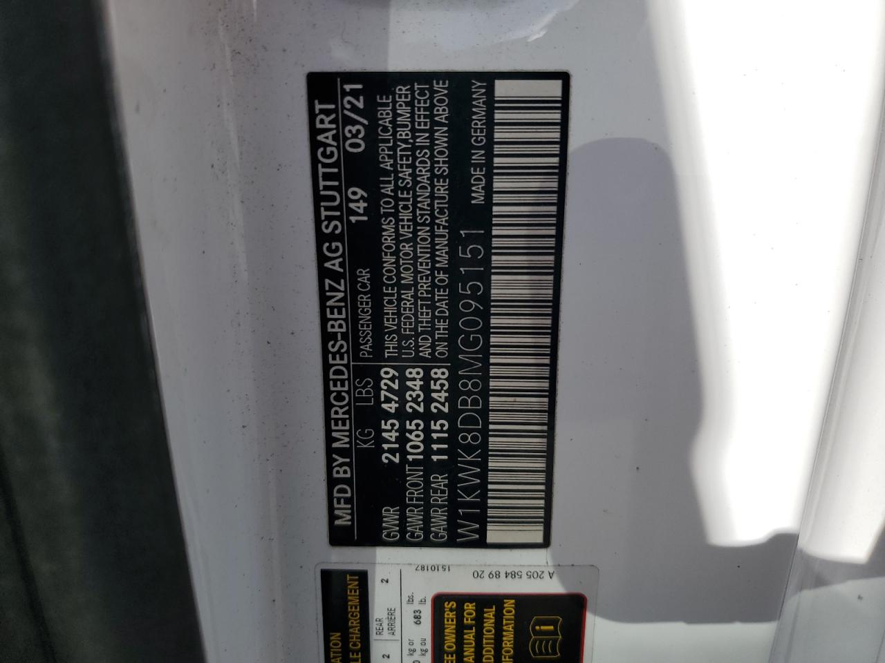 2021 Mercedes-Benz C 300 VIN: W1KWK8DB8MG095151 Lot: 71026915