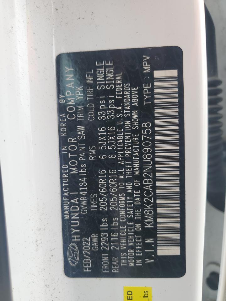 2022 Hyundai Kona Sel VIN: KM8K2CAB2NU890758 Lot: 84747285
