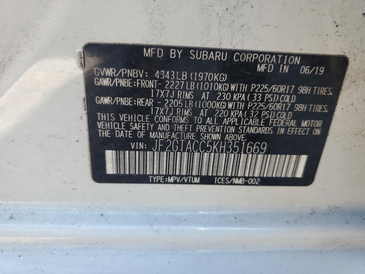 2019 Subaru Crosstrek Premium VIN: JF2GTACC5KH351669 Lot: 81404965