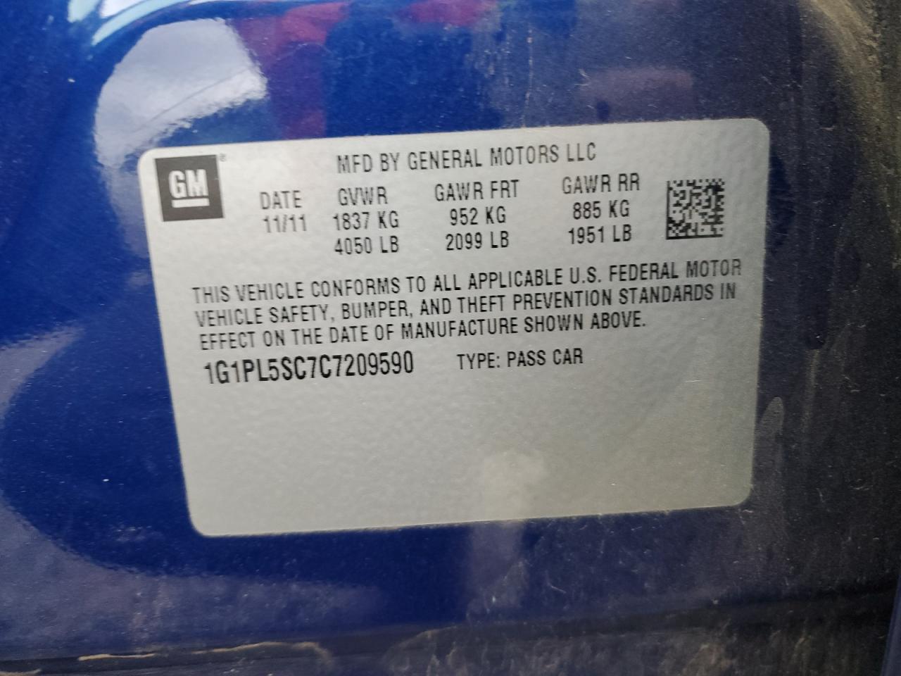 2012 Chevrolet Cruze Lt VIN: 1G1PL5SC7C7209590 Lot: 81887825