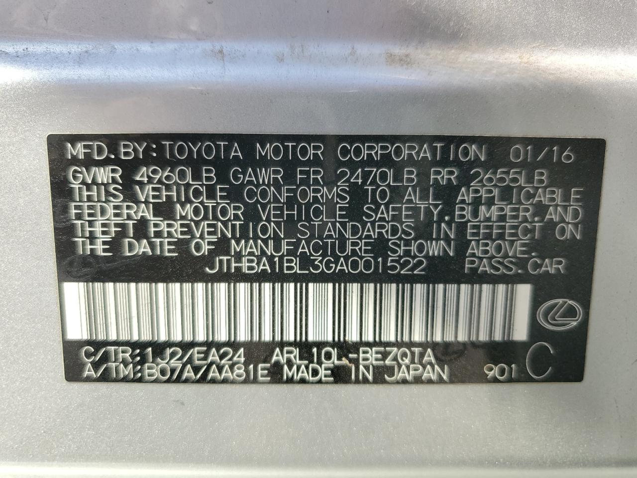 2016 Lexus Gs 200T Base VIN: JTHBA1BL3GA001522 Lot: 84032165