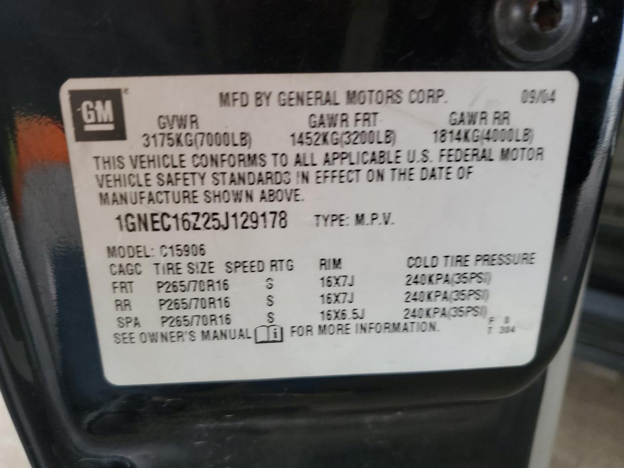 2005 Chevrolet Suburban C1500 VIN: 1GNEC16Z25J129178 Lot: 81907635