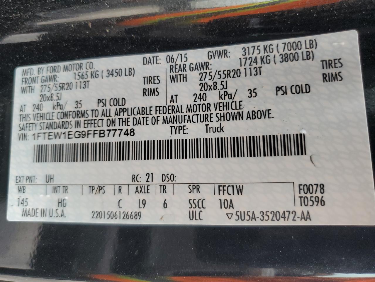 2015 Ford F150 Supercrew VIN: 1FTEW1EG9FFB77748 Lot: 81912835