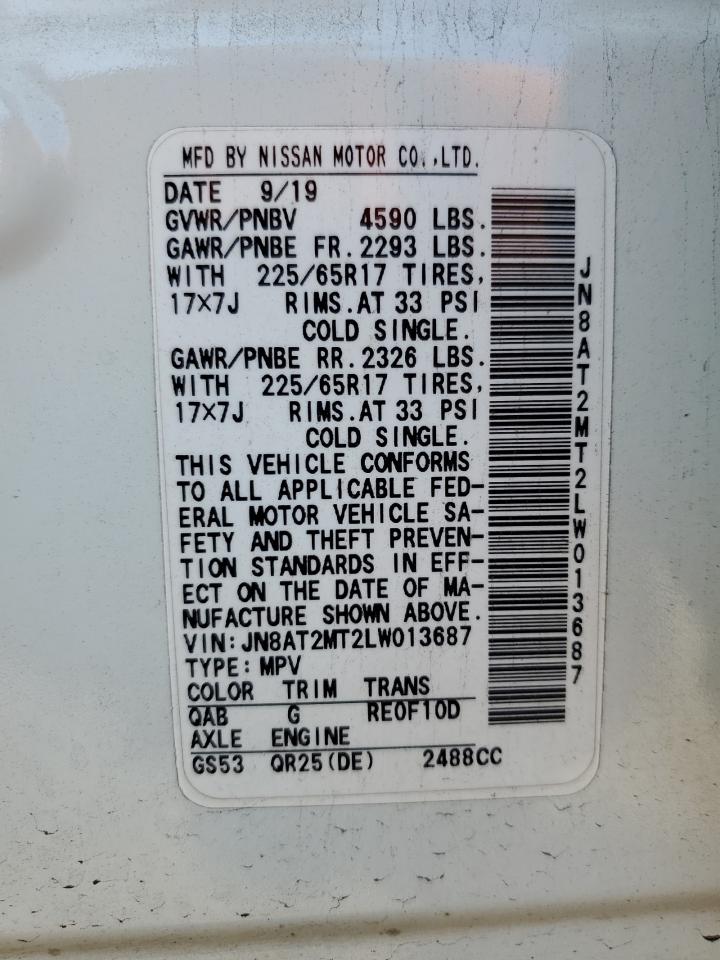 2020 Nissan Rogue S VIN: JN8AT2MT2LW013687 Lot: 84807455