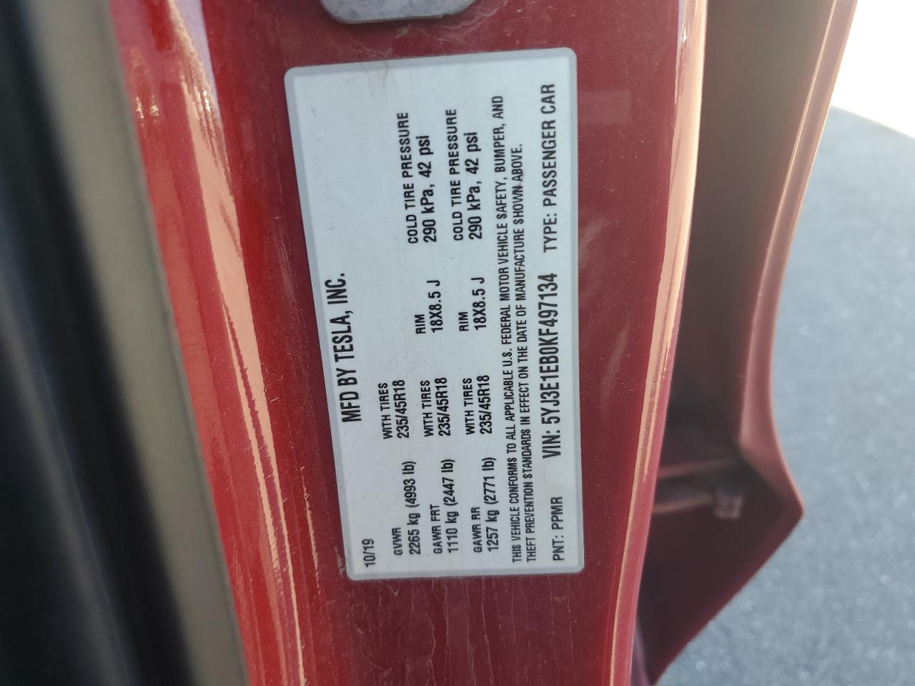 2019 Tesla Model 3 VIN: 5YJ3E1EB0KF497134 Lot: 71769235