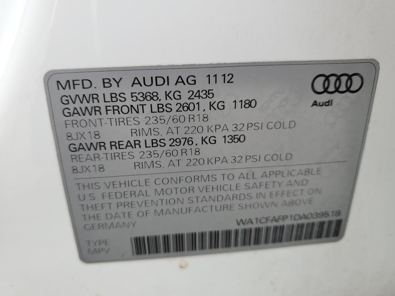 2013 Audi Q5 Premium VIN: WA1CFAFP1DA039518 Lot: 80126675