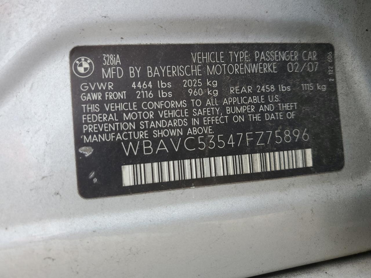 2007 BMW 328 I Sulev VIN: WBAVC53547FZ75896 Lot: 84064725