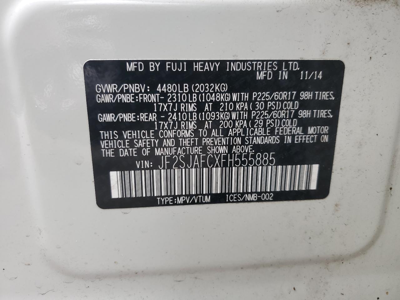 2015 Subaru Forester 2.5I Premium VIN: JF2SJAFCXFH555885 Lot: 80882135