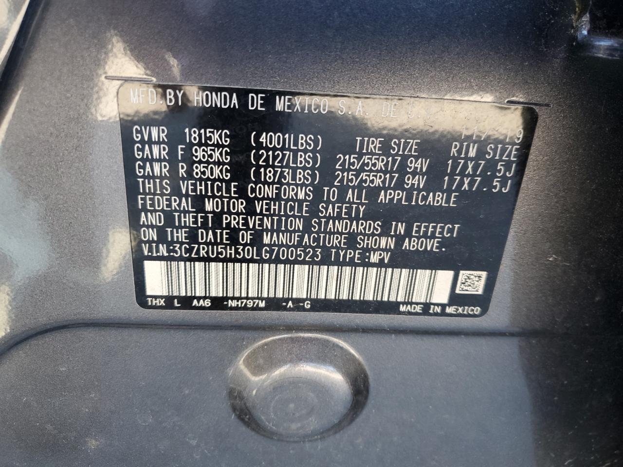 2020 Honda Hr-V Lx VIN: 3CZRU5H30LG700523 Lot: 70374245