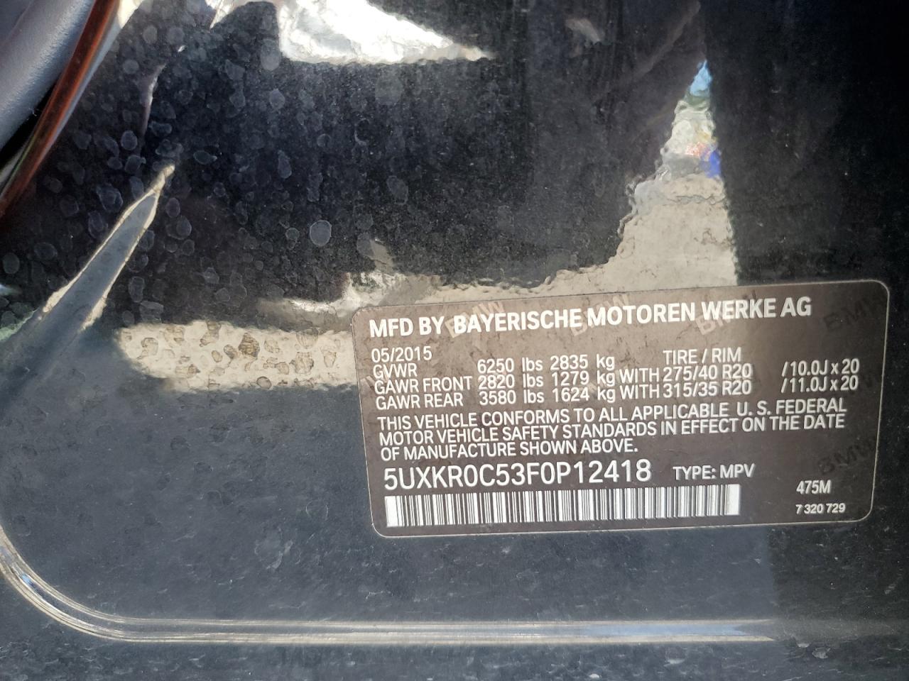 2015 BMW X5 xDrive35I VIN: 5UXKR0C53F0P12418 Lot: 82034615