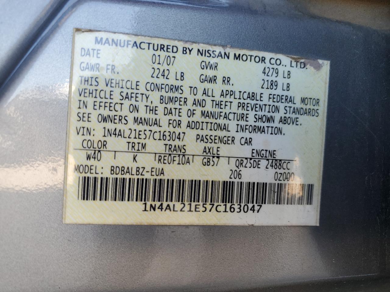 2007 Nissan Altima 2.5 VIN: 1N4AL21E57C163047 Lot: 81095905