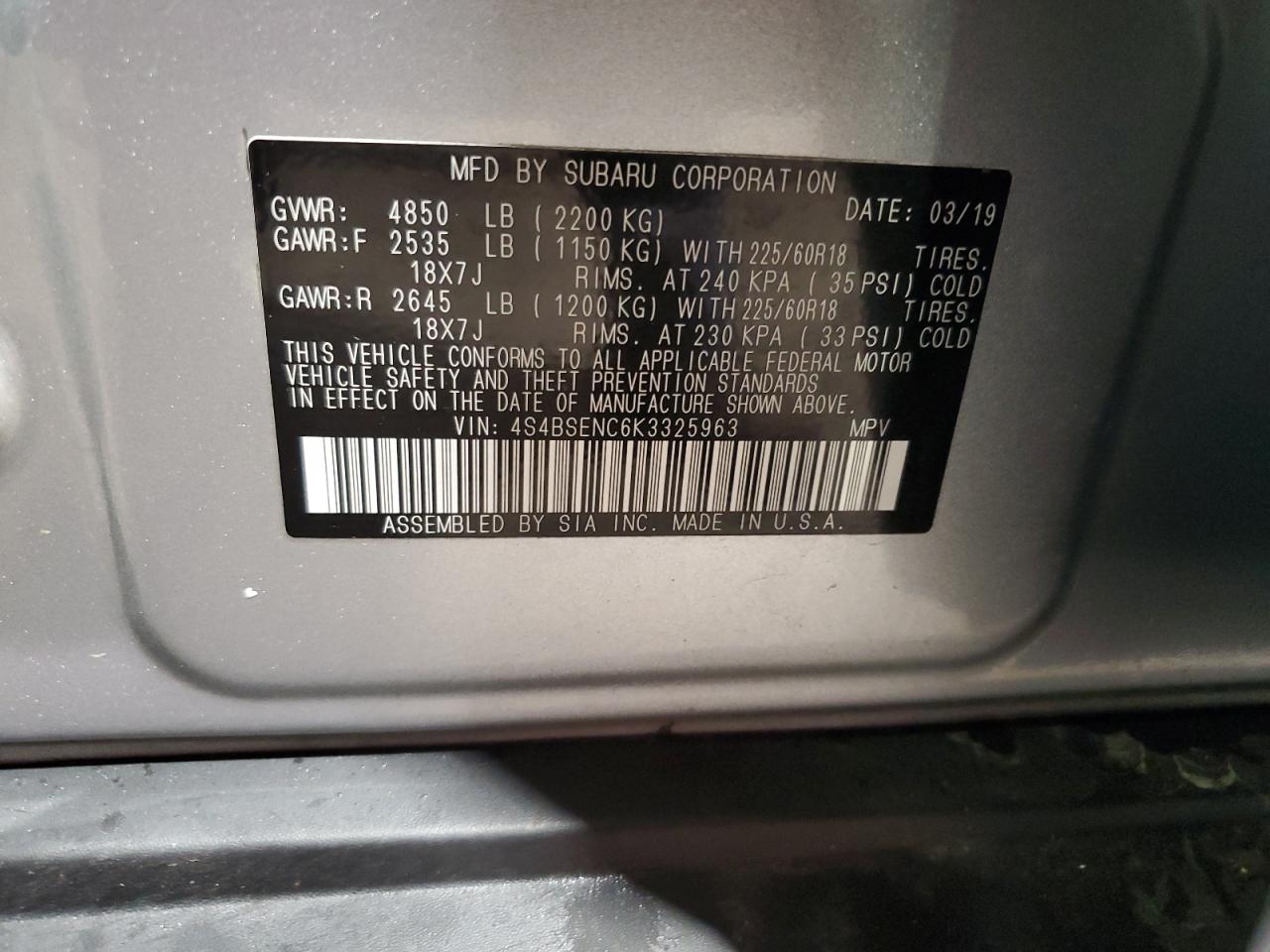 2019 Subaru Outback 3.6R Limited VIN: 4S4BSENC6K3325963 Lot: 82108545