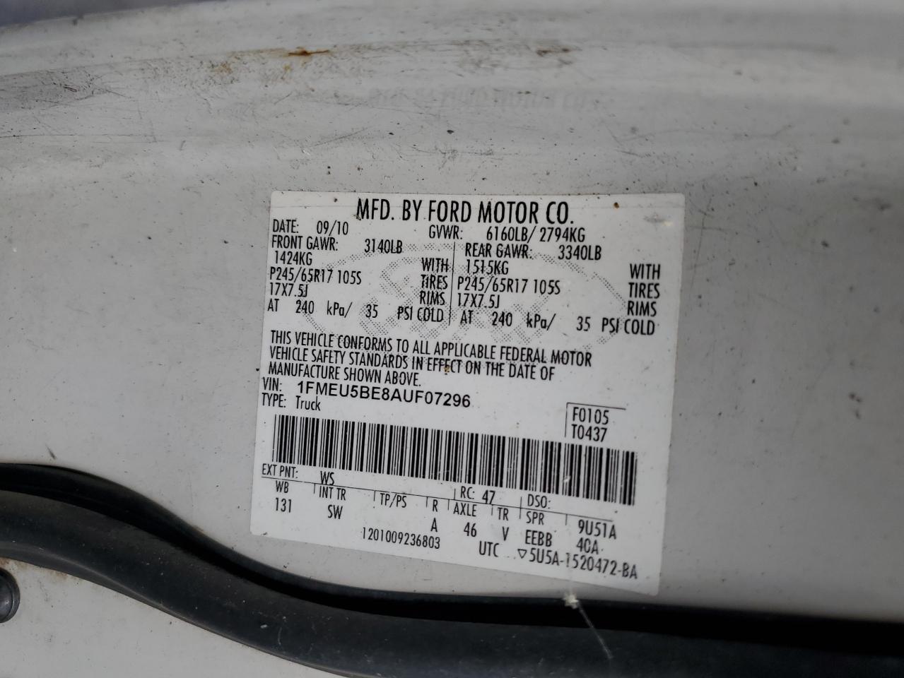 2010 Ford Explorer Sport Trac Xlt VIN: 1FMEU5BE8AUF07296 Lot: 80997045