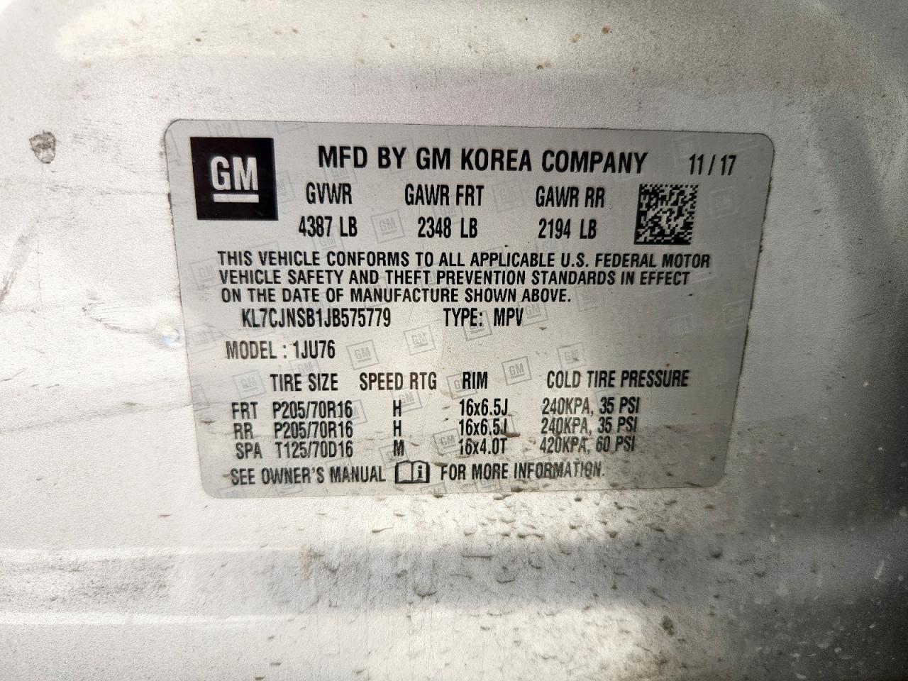 2018 Chevrolet Trax Ls VIN: KL7CJNSB1JB575779 Lot: 81158665