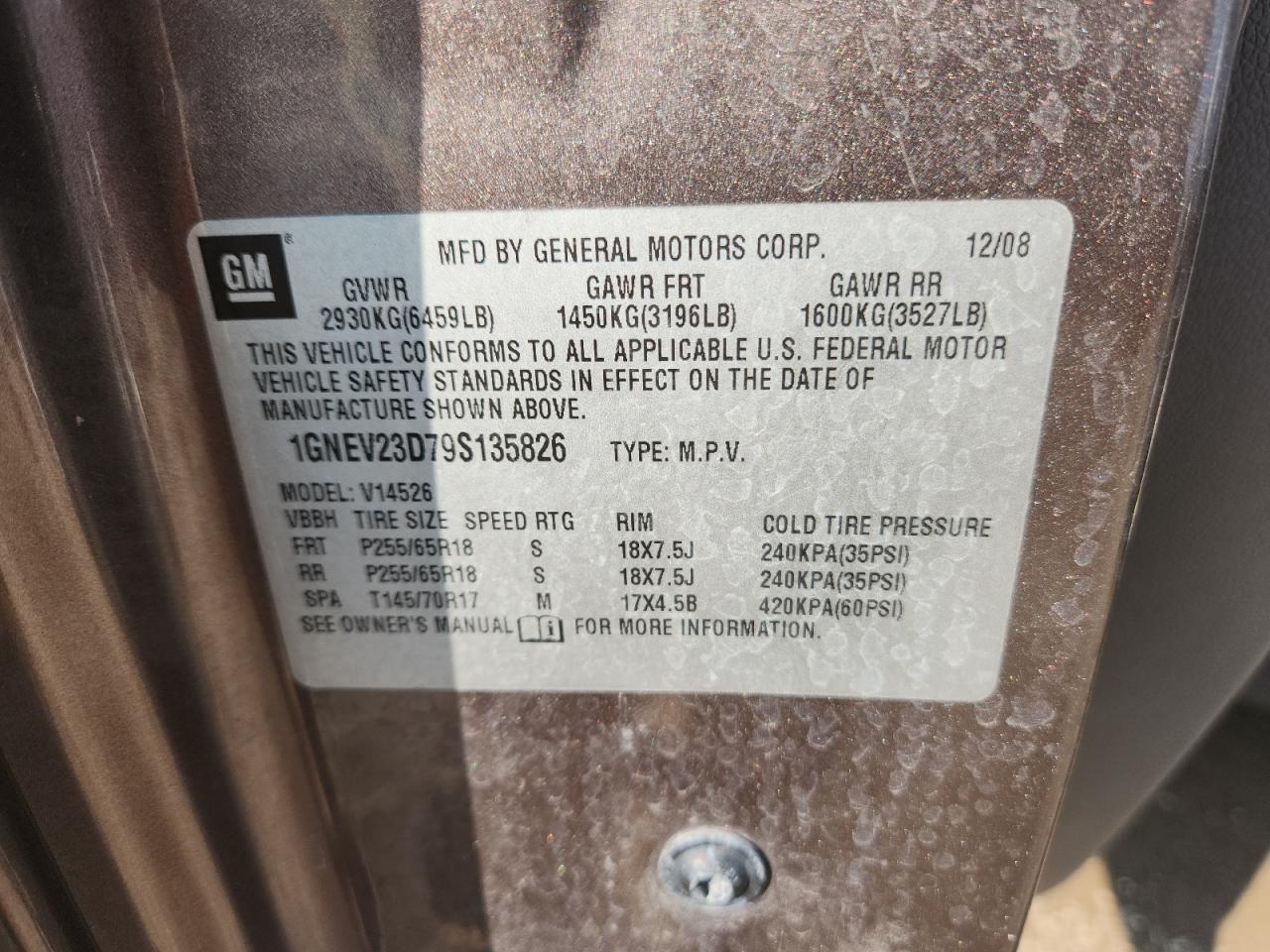 2009 Chevrolet Traverse Lt VIN: 1GNEV23D79S135826 Lot: 71452445